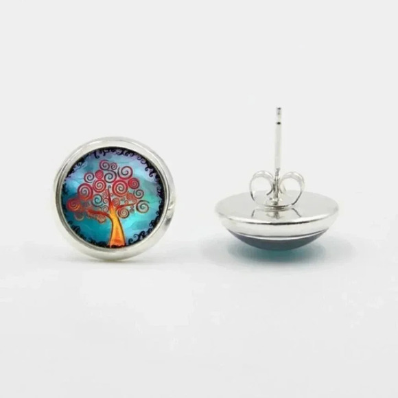 Vanilla Sky Tree of Life Art Glass Cabochon Round Silver Plated Stud Earrings - Picture 2 of 3
